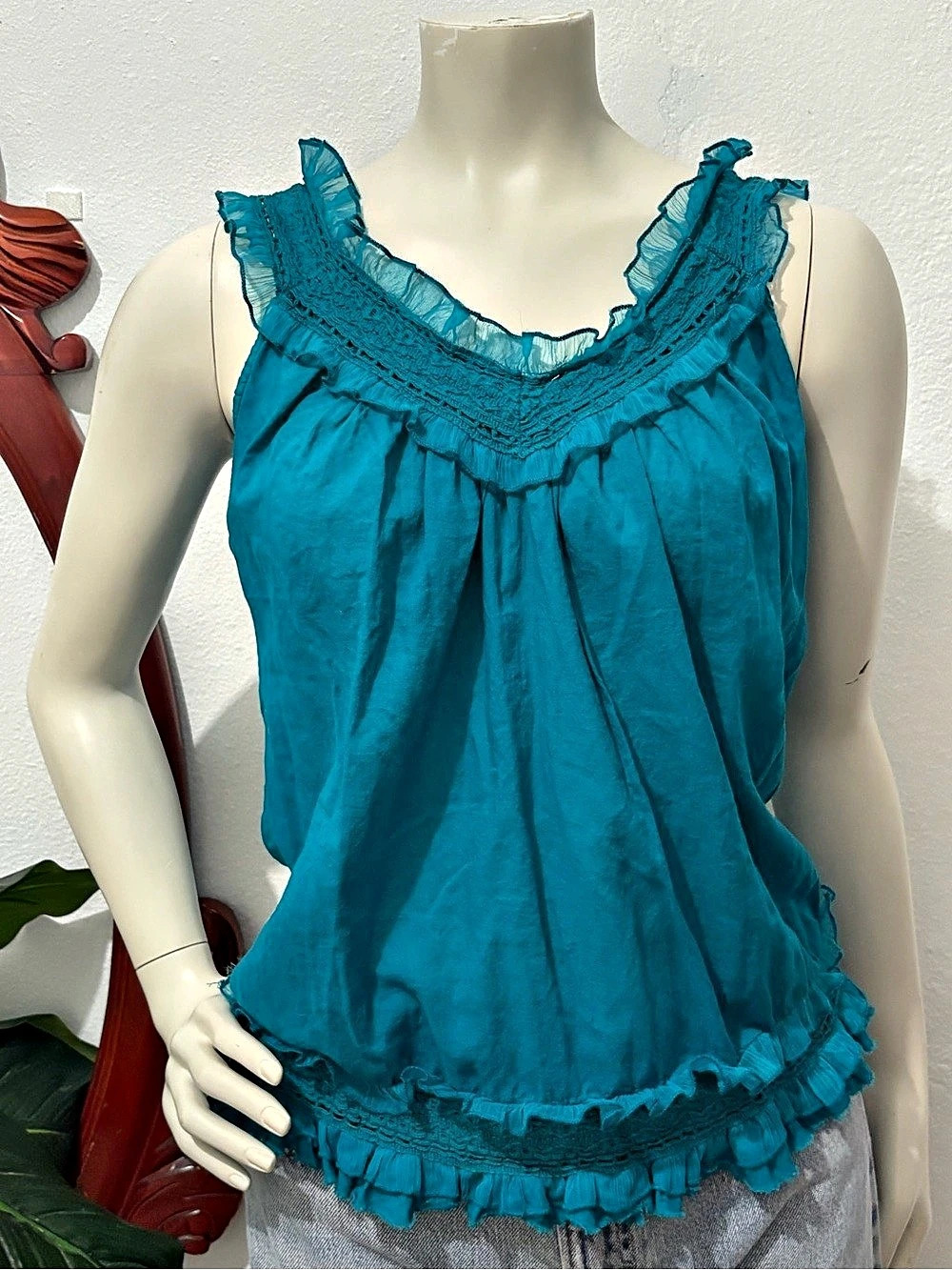Y2K Cotton Red Coral Ruffle Tank Top in Blue